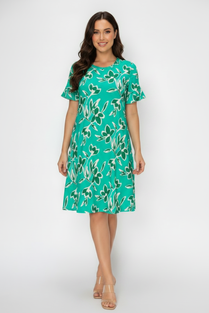 MINT FLORAL PRINT RUFFLED SHORT SLEEVE MINI DRESS SHVC3600