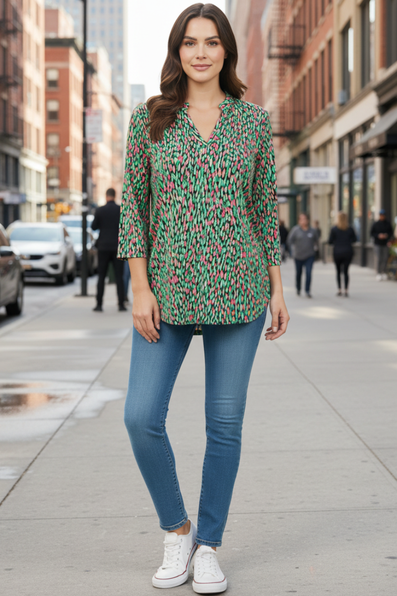 V NECK 3/4 SLEEVE TUNIC TOP-SHB5787-F