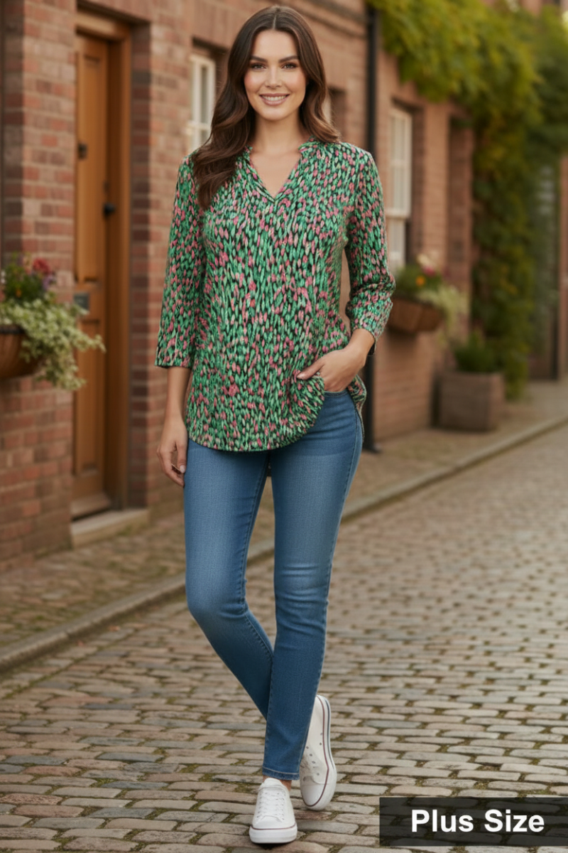PLUS SIZE V NECK 3/4 SLEEVE TUNIC TOP-SHB5787-F