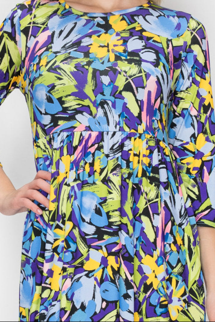 FLORAL 3/4 SLEEVE RUFFLE HEM MIDI DRESS SHVL5805