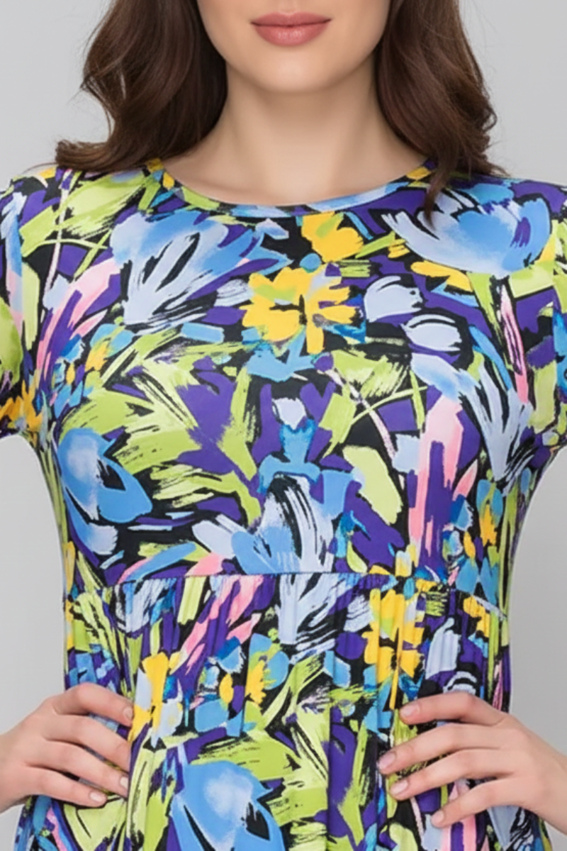 VIBRANT FLORAL MIDI DRESS WITH 3/4 SLEEVES