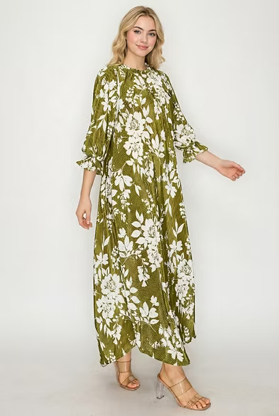 MIDI DRESS DETAIL RUFFLED ROUND NECK