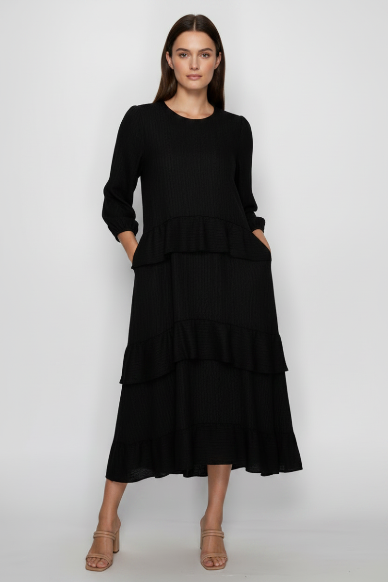 PLUS SIZE ROUND NECK ELEGANT TIERED MIDI DRESS