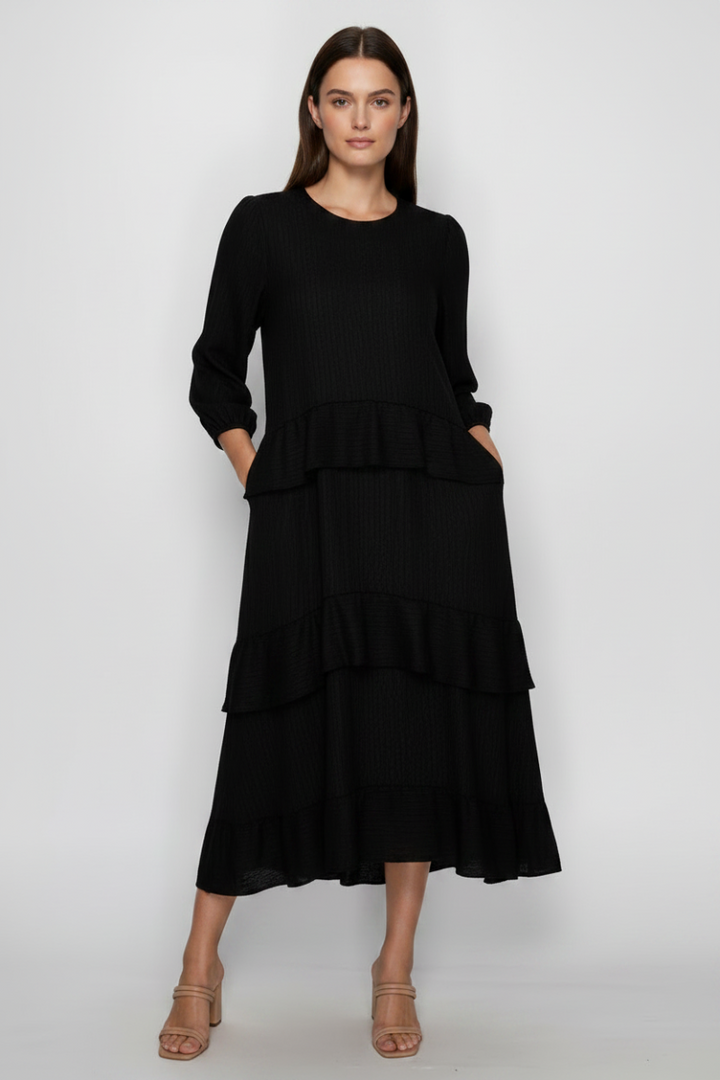 PLUS SIZE ROUND NECK ELEGANT TIERED MIDI DRESS