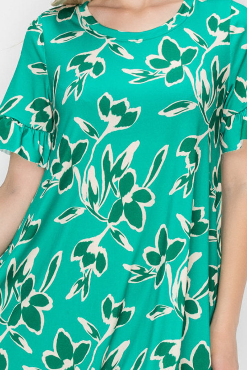 MINT FLORAL PRINT RUFFLED SHORT SLEEVE MINI DRESS SHVC3600
