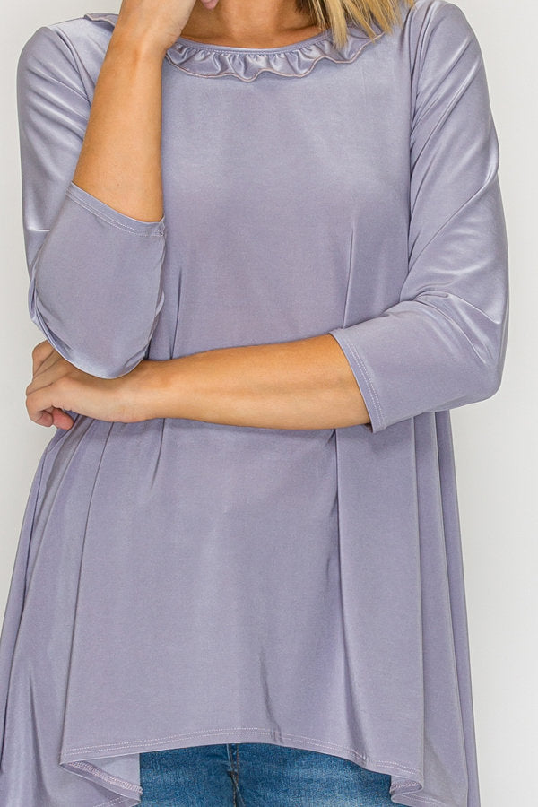 PLUS SIZE RUFFLE TRIM NECK HI-LOW TUNIC TOP SHB6101