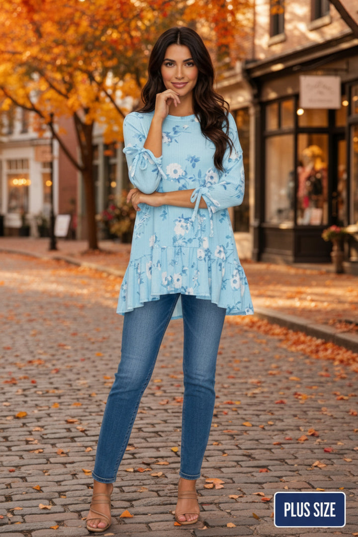 PLUS SIZE TIERED RUFFLE HEM TUCKED TIE DETAIL SLEEVE TUNIC TOP SHB6098