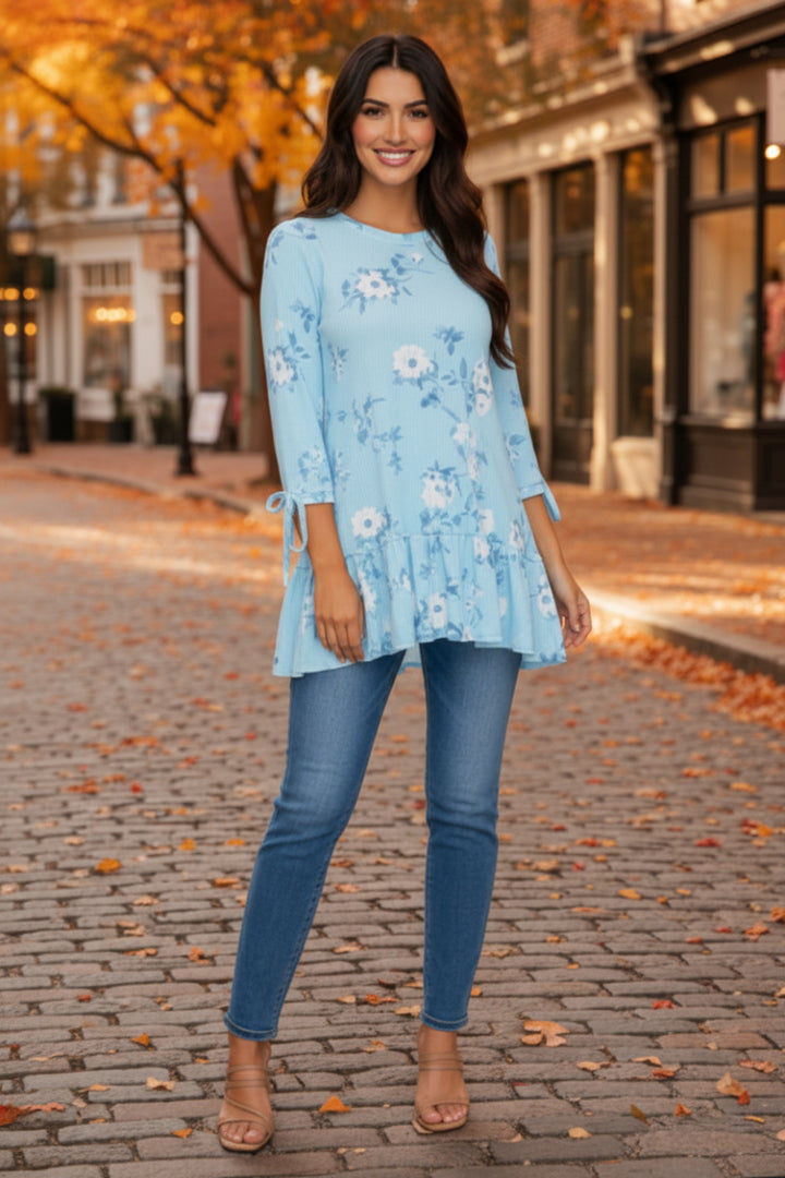 TIERED RUFLLE HEM TUCKED TIE DETAIL SLEEVE TUNIC TOP SHB6098