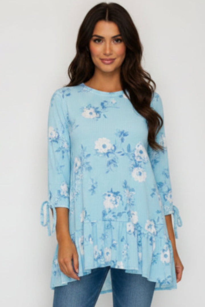 PLUS SIZE TIERED RUFFLE HEM TUCKED TIE DETAIL SLEEVE TUNIC TOP SHB6098