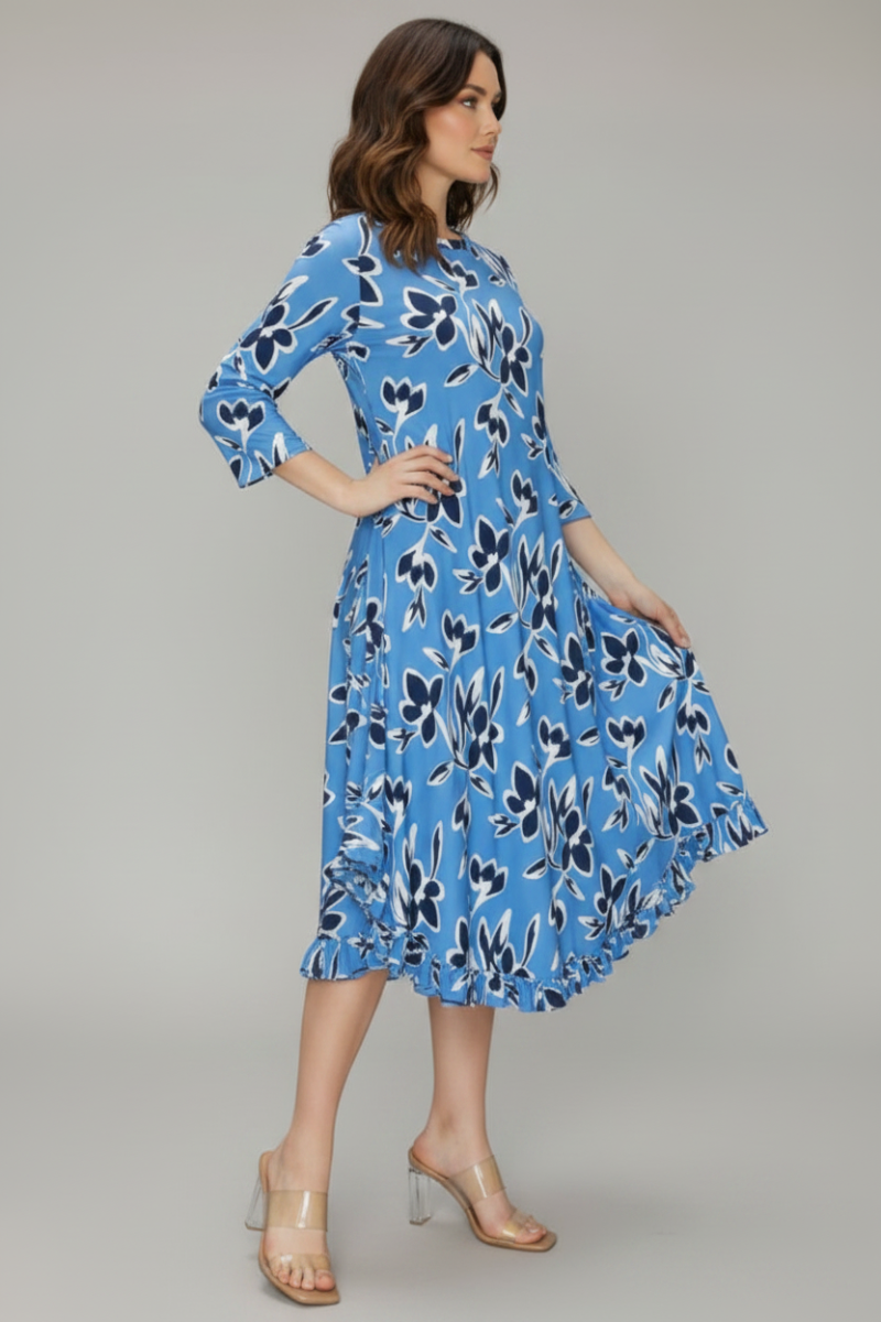 FLORAL PRINT 3/4 SLEEVE WITH SIDE POCKET MIDI DRESS SHVL5777