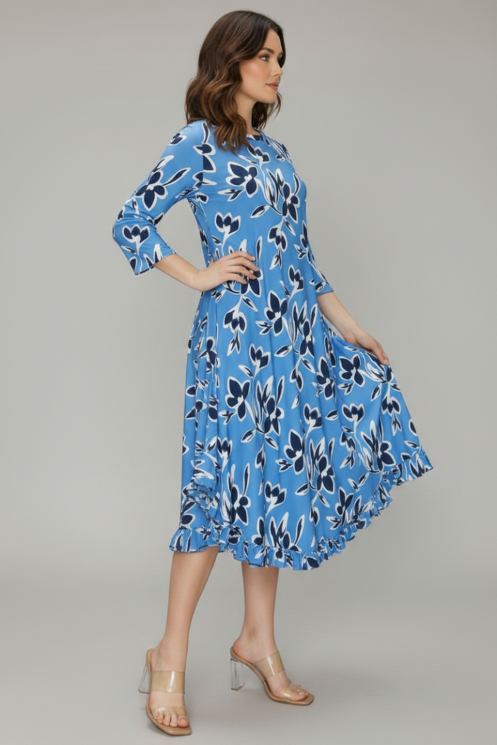 FLORAL PRINT 3/4 SLEEVE WITH SIDE POCKET MIDI DRESS SHVL5777