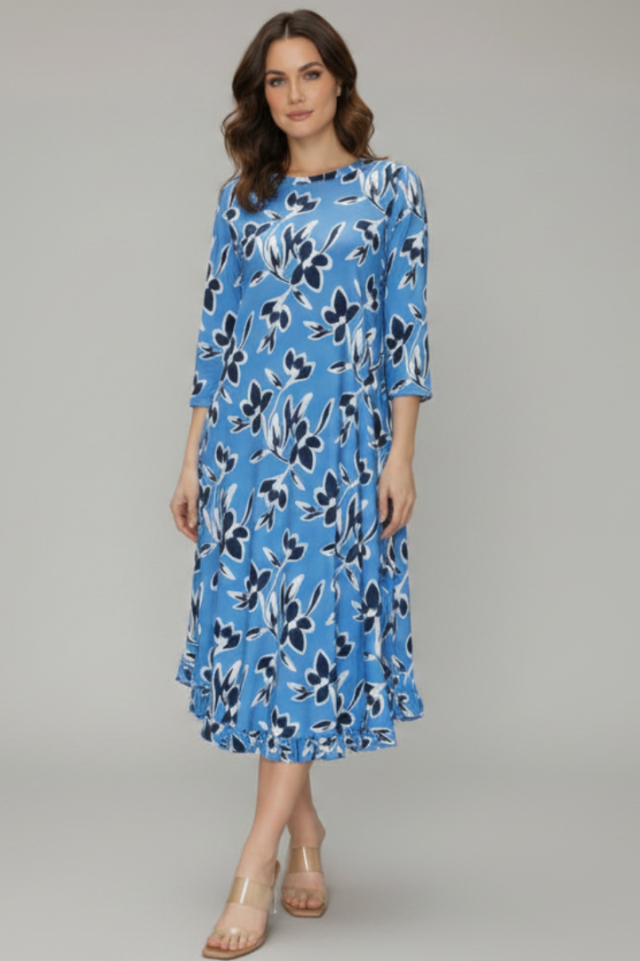 FLORAL PRINT 3/4 SLEEVE WITH SIDE POCKET MIDI DRESS SHVL5777