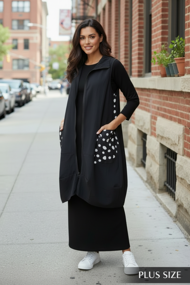 PLUS SIZE POLKADOT BACK DETAIL ZIP LONG VEST-SHB5920-A