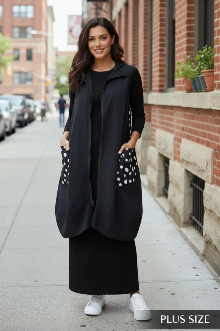 PLUS SIZE POLKADOT BACK DETAIL ZIP LONG VEST-SHB5920-A