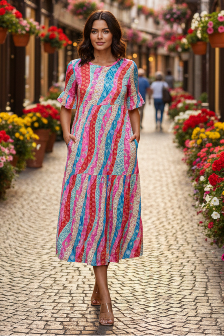 PLUS SIZE RUFFLED SLEEVE WITH SIDE POCKET MIDI DRESS SHVL5812