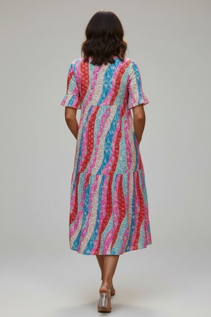 PLUS SIZE RUFFLED SLEEVE WITH SIDE POCKET MIDI DRESS SHVL5812