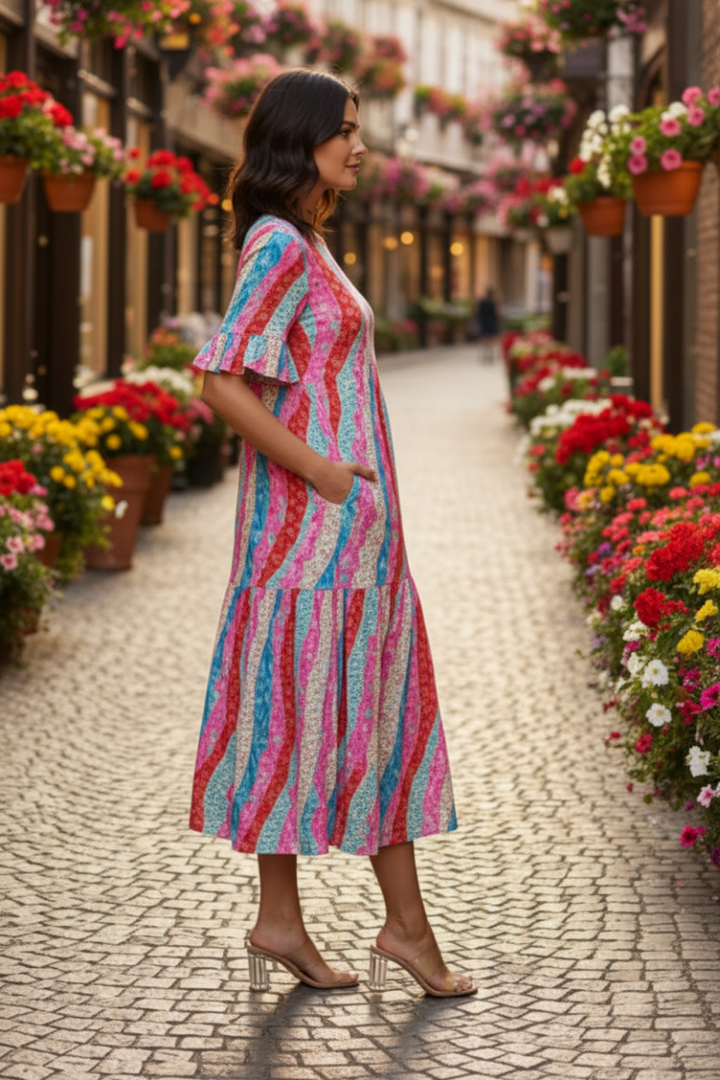 PLUS SIZE RUFFLED SLEEVE WITH SIDE POCKET MIDI DRESS SHVL5812