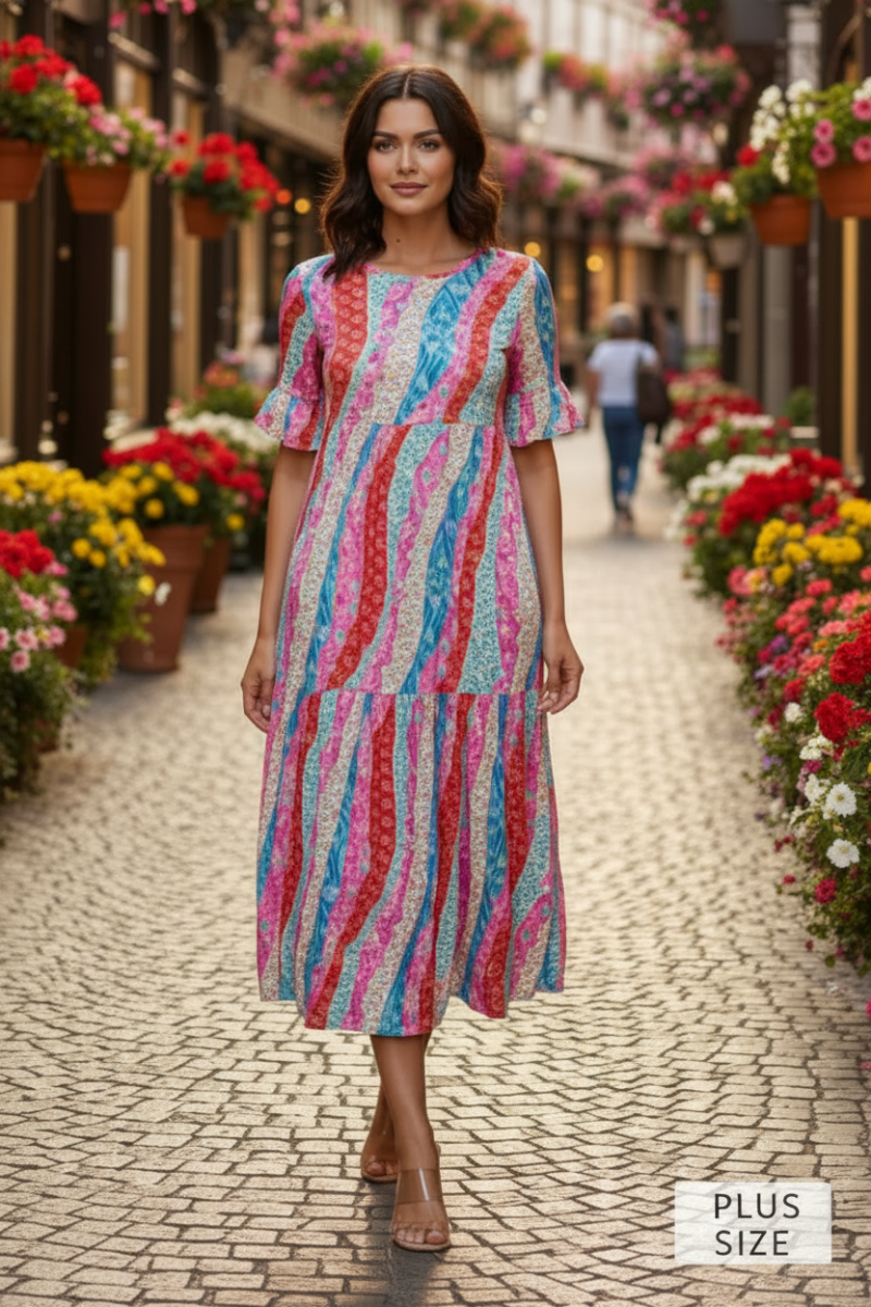 PLUS SIZE RUFFLED SLEEVE WITH SIDE POCKET MIDI DRESS SHVL5812
