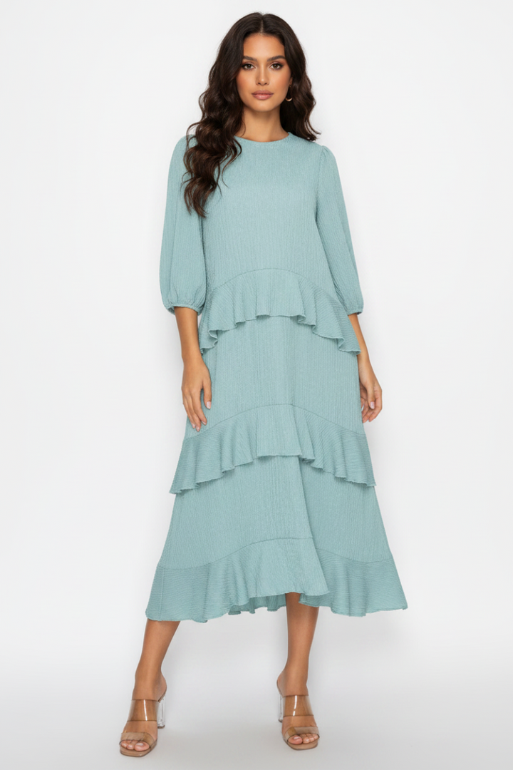 PLUS SIZE ROUND NECK ELEGANT TIERED MIDI DRESS