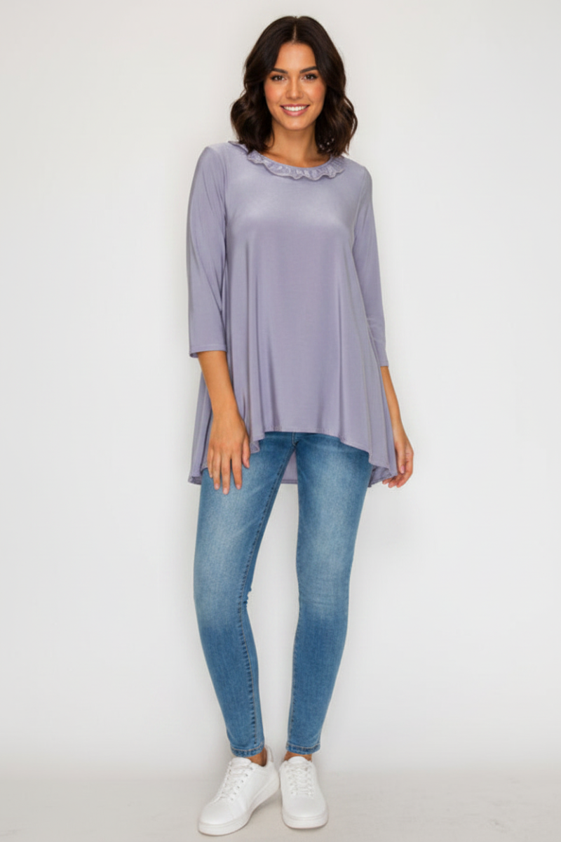 PLUS SIZE RUFFLE TRIM NECK HI-LOW TUNIC TOP SHB6101