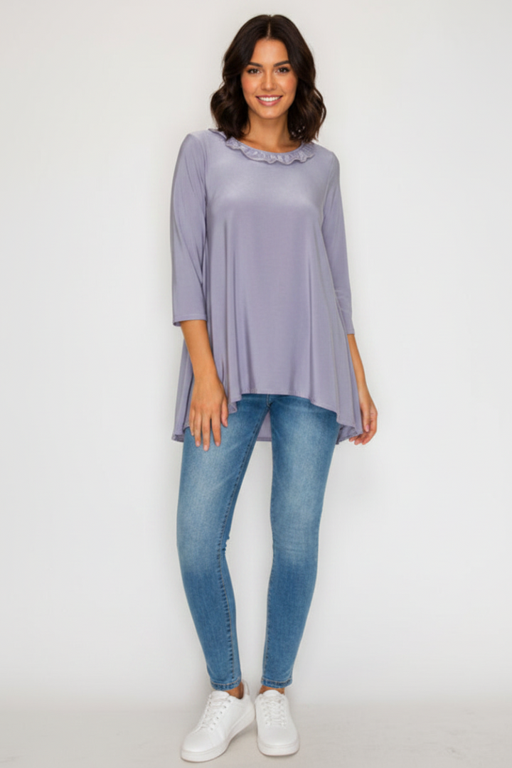 PLUS SIZE RUFFLE TRIM NECK HI-LOW TUNIC TOP SHB6101