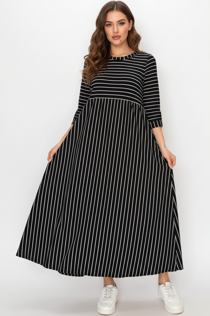 MODEST PLUS SIZE MIDI DRESS FEATURING WHITE VERTICAL STRIPES