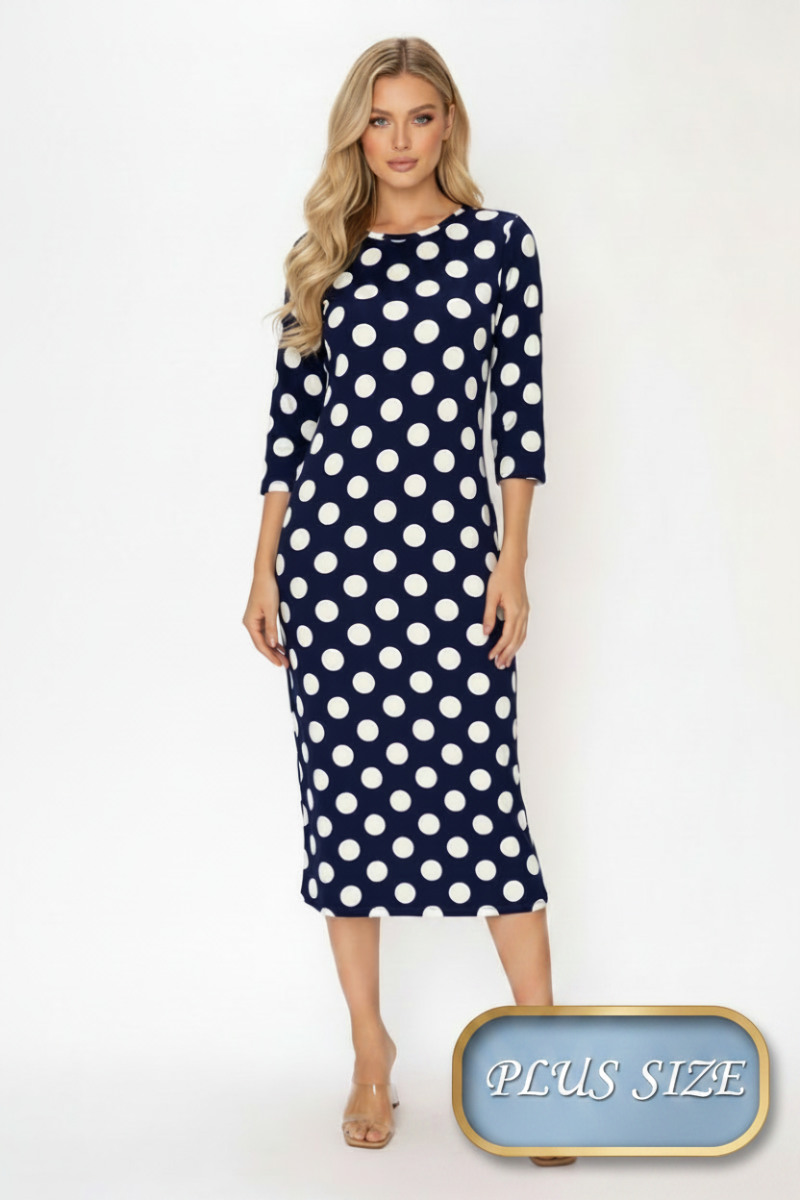 PLUS SIZE POLKA DOT LAYERING MIDI DRESS 3/4 SLEEVES