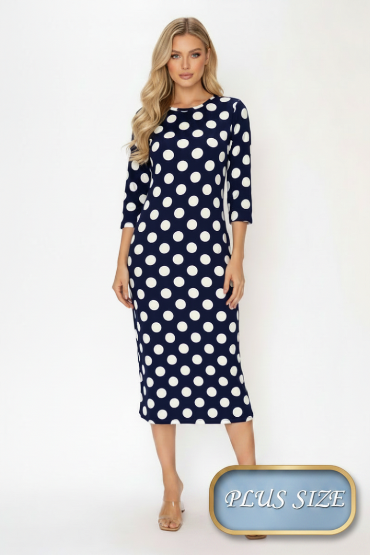 PLUS SIZE POLKA DOT LAYERING MIDI DRESS 3/4 SLEEVES