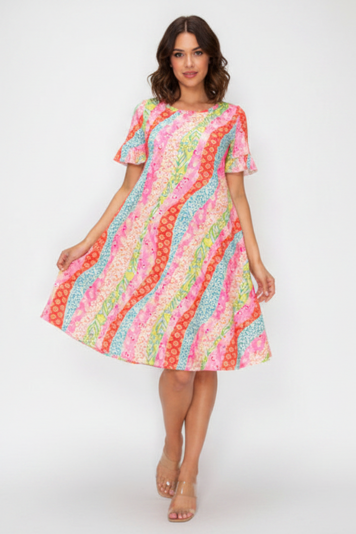 PLUS SIZE FLORAL PRINT RUFFLED SHORT SLEEVE MINI DRESS SHVC3600