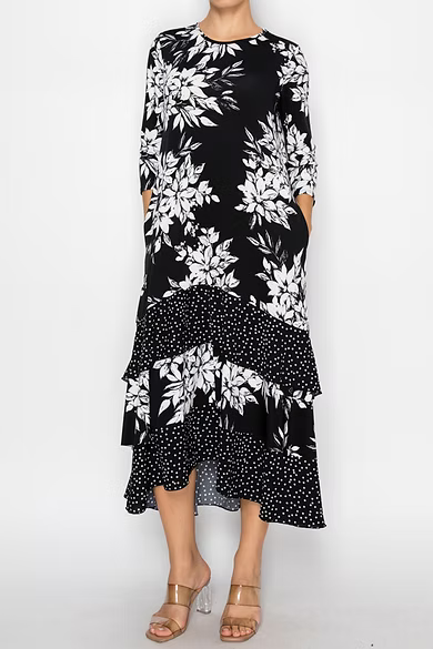 PLUS SIZE 3/4 SLEEVES HI-LOW MULTI LAYERED DRESS