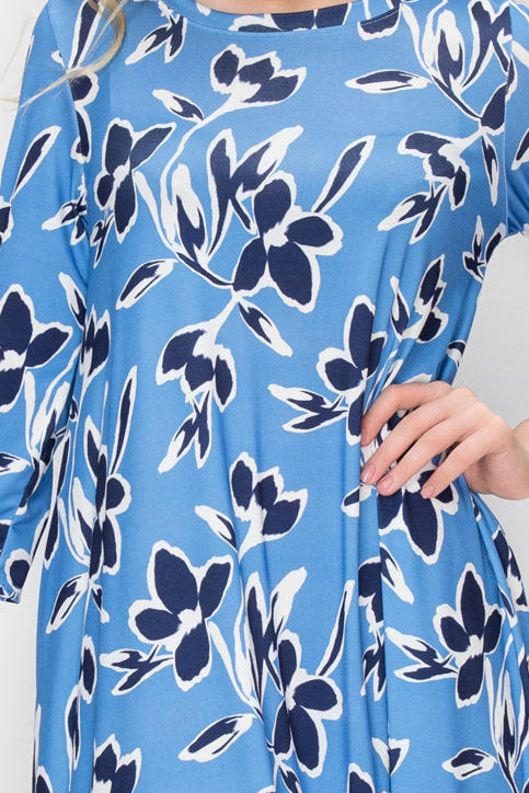 FLORAL PRINT 3/4 SLEEVE WITH SIDE POCKET MIDI DRESS SHVL5777
