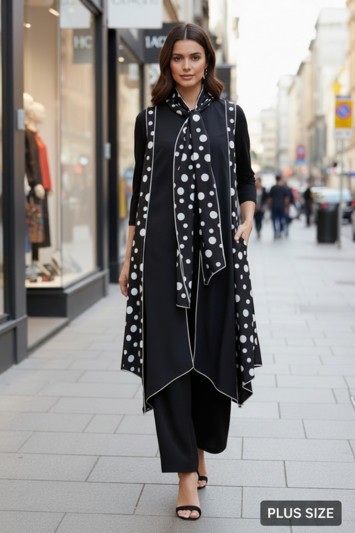 PLUS SIZE POLKADOT TIE NECK SLEEVELESS LONG VEST SHB5894