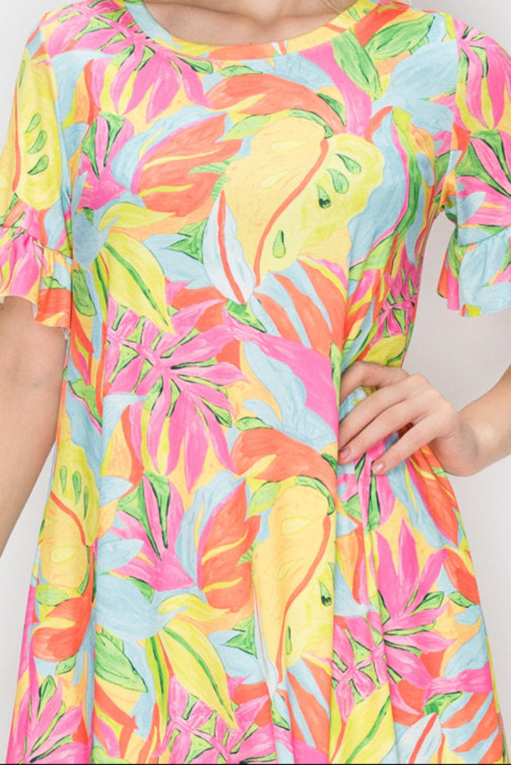 TROPICAL PRINT RUFFLED SHORT SLEEVE MINI DRESS SHVC3600