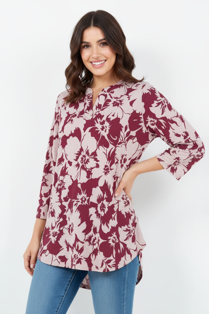 FLORAL PRINT V NECK TUNIC TOP-B5787-G