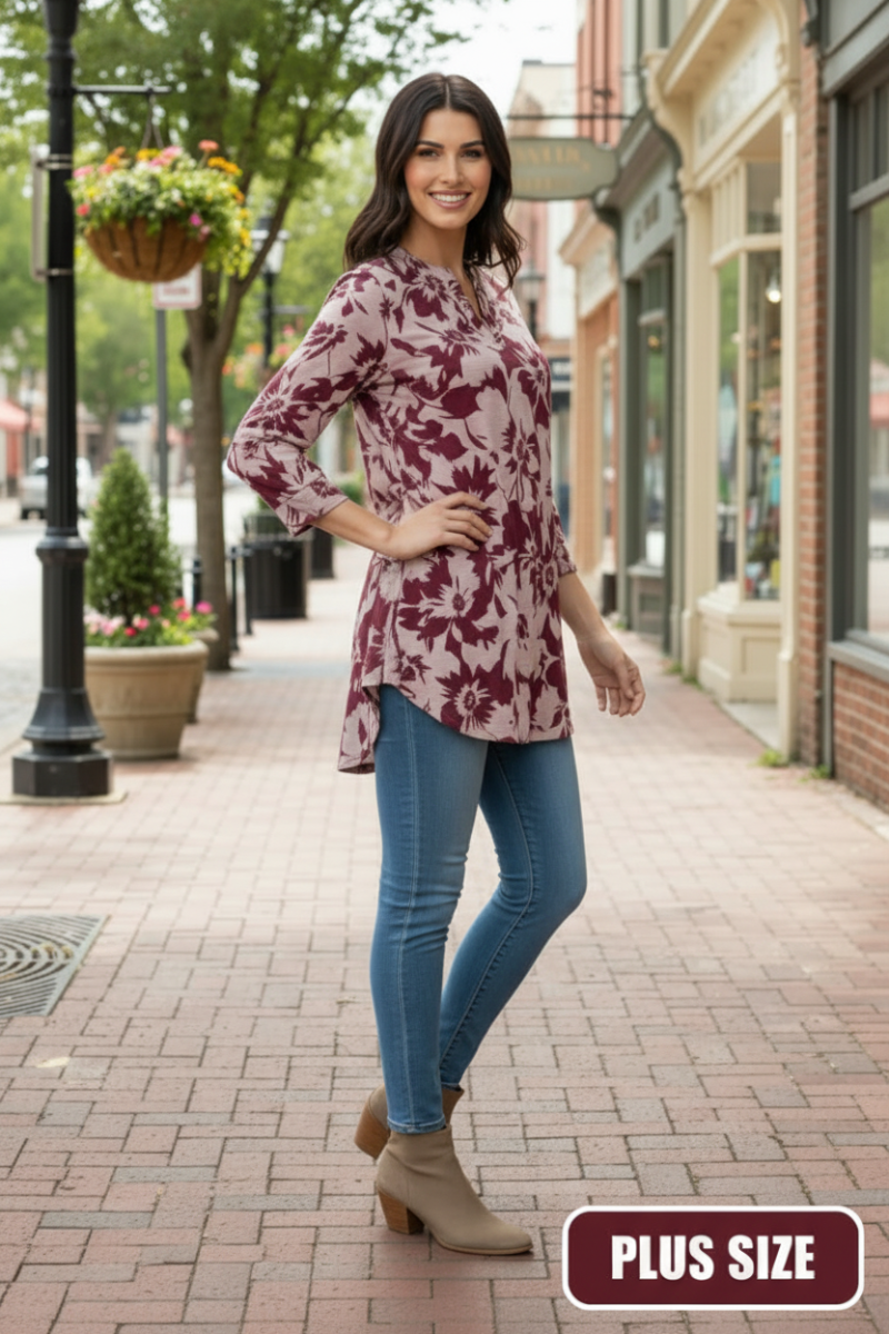 PLUS SIZE FLORAL PRINT V NECK TUNIC TOP-B5787-G