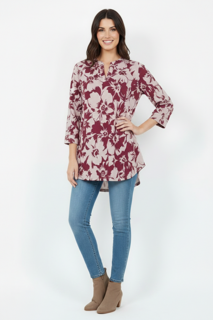 PLUS SIZE FLORAL PRINT V NECK TUNIC TOP-B5787-G