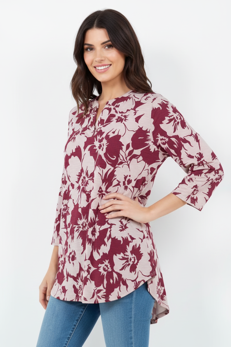 PLUS SIZE FLORAL PRINT V NECK TUNIC TOP-B5787-G