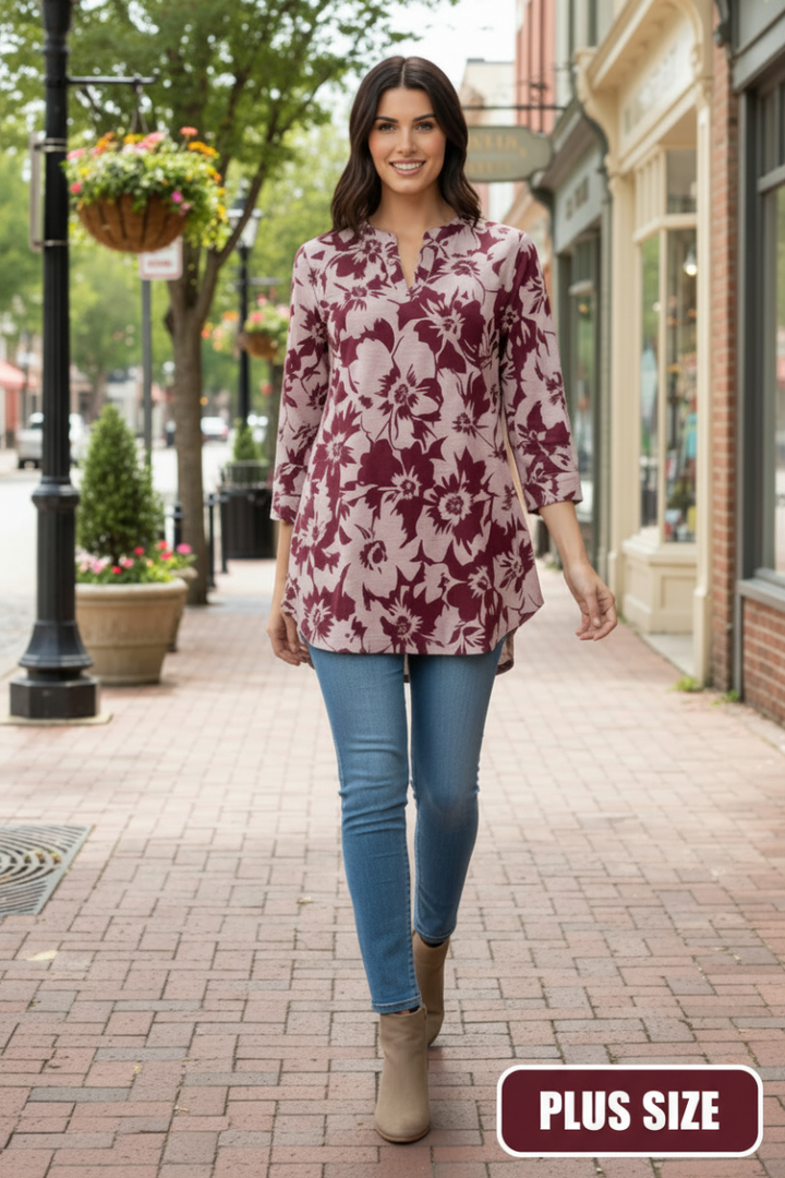 PLUS SIZE FLORAL PRINT V NECK TUNIC TOP-B5787-G