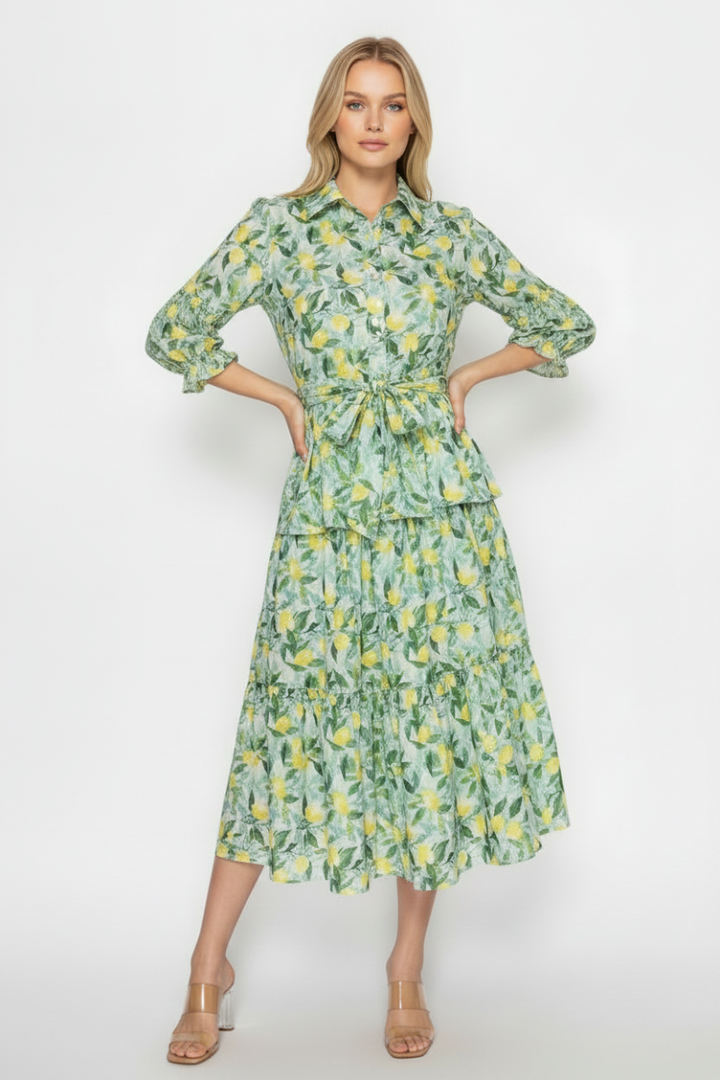 LEMON FLORAL TIERED MIDI DRESS SHD1039