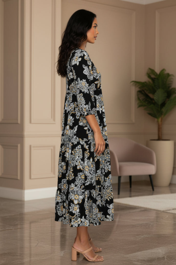 TIERED SQUARE NECK WITH SIDE-SEAM POCKETS MIDI DRESS -SHVL5825