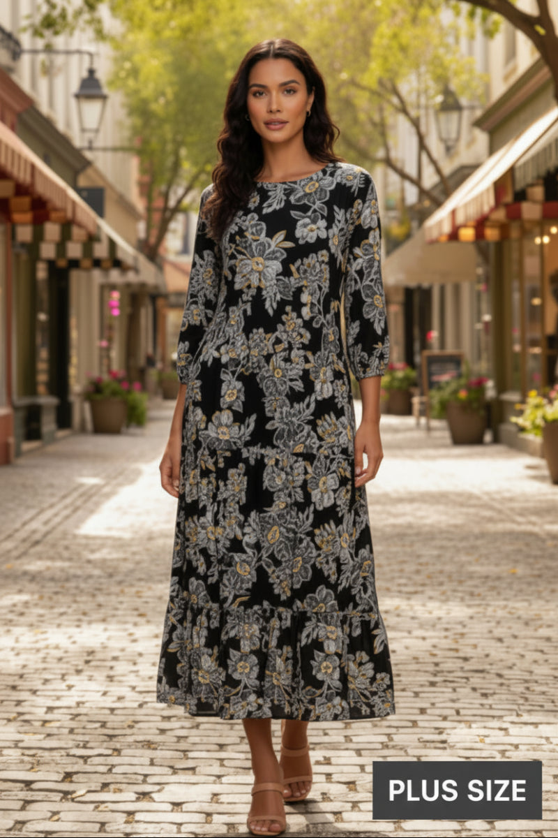PLUS SIZE TIERED SQUARE NECK WITH SIDE-SEAM POCKETS MIDI DRESS -SHVL5825