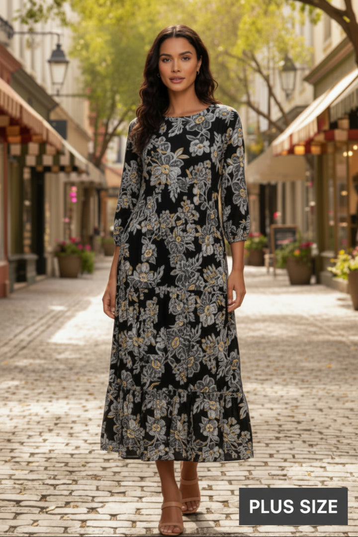 PLUS SIZE TIERED SQUARE NECK WITH SIDE-SEAM POCKETS MIDI DRESS -SHVL5825