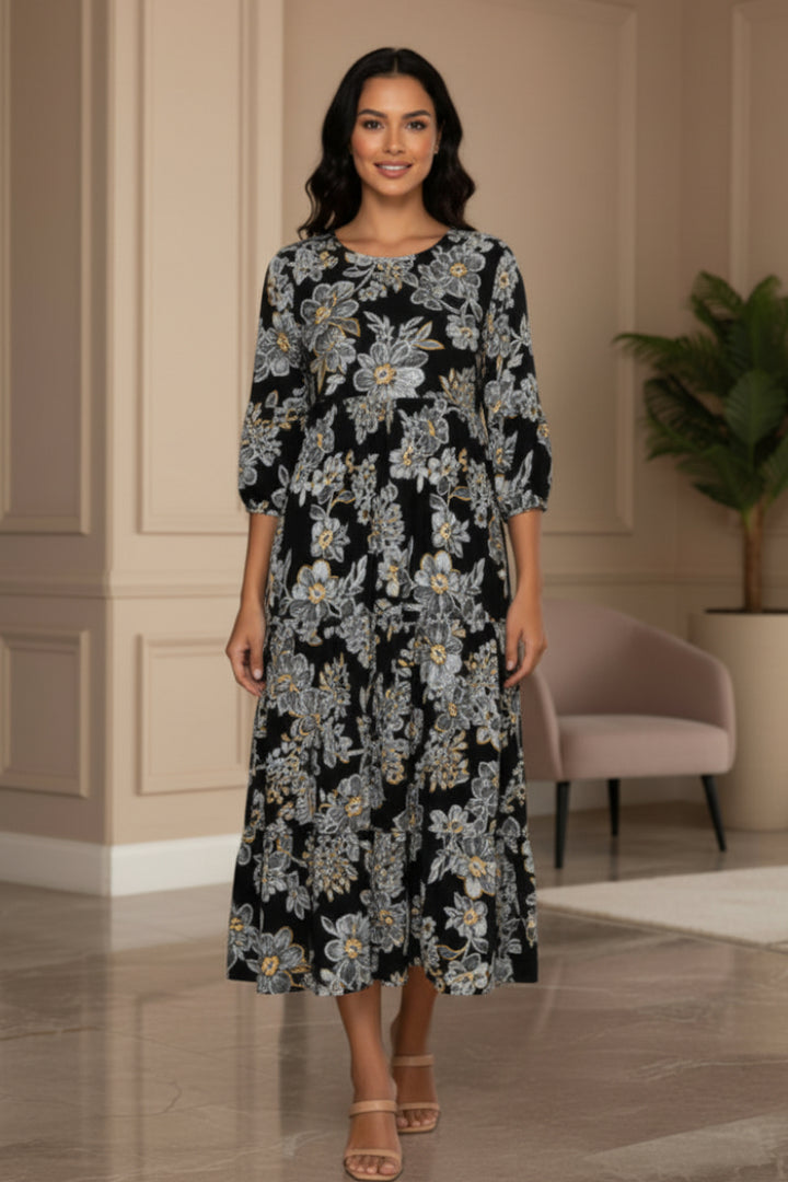 TIERED SQUARE NECK WITH SIDE-SEAM POCKETS MIDI DRESS -SHVL5825