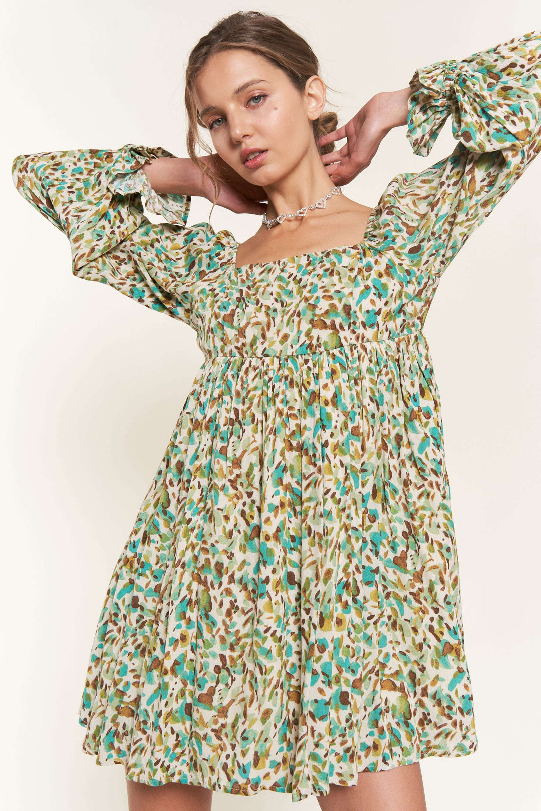 GREEN SQUARE NECK LONG SLEEVES SWING MINI DRESS D9872 GREEN SQUARE NECK LONG SLEEVES SWING MINI DRESS D9872