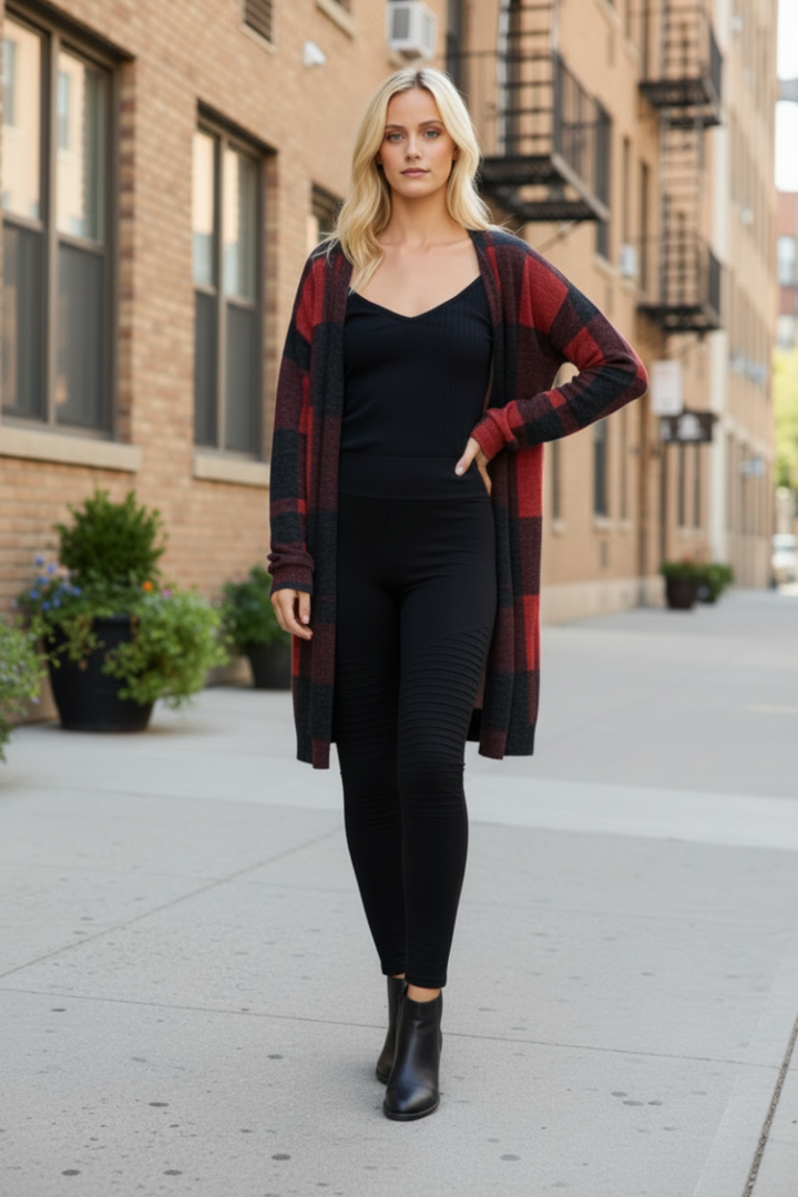 RED PLAID OPEN FRONT LONG CARDIGAN FSLSJ1001 -