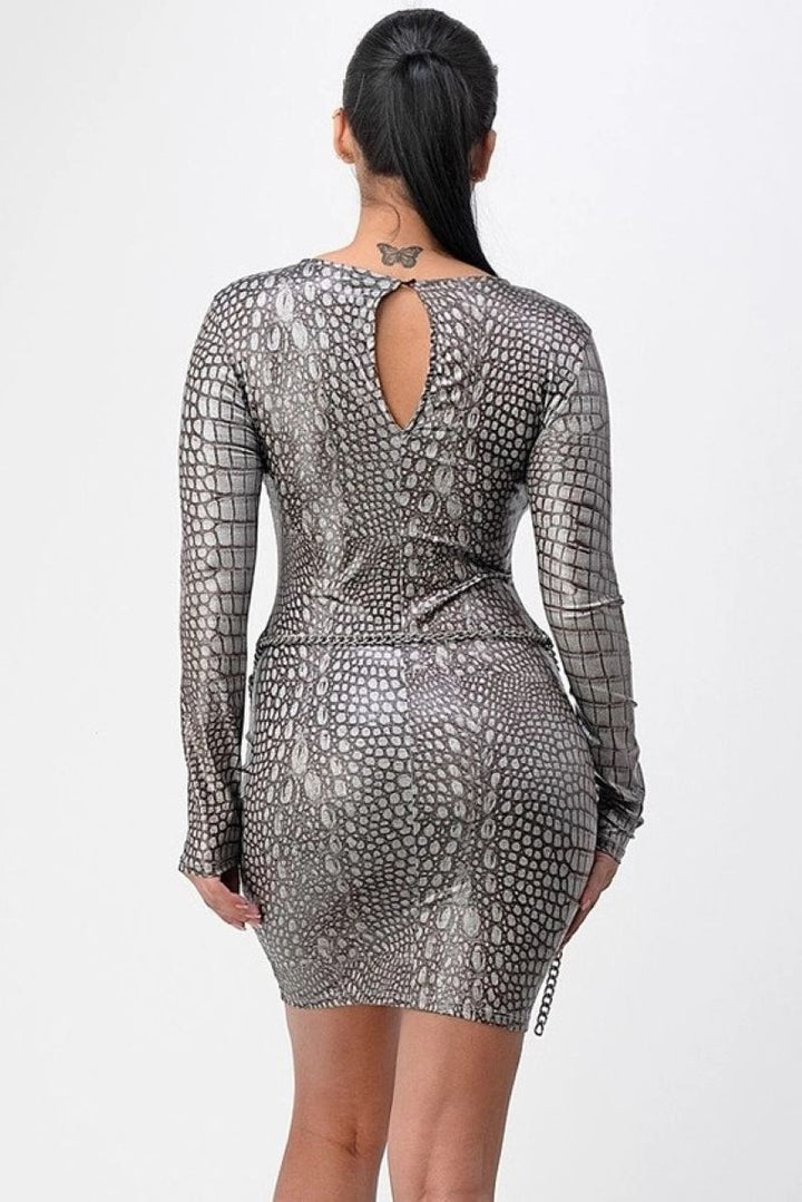 GREY ANIMAL PRINT KEY-HOLE BACK CLOSURE LONG SLEEVES MNI DRESS SHP7463D