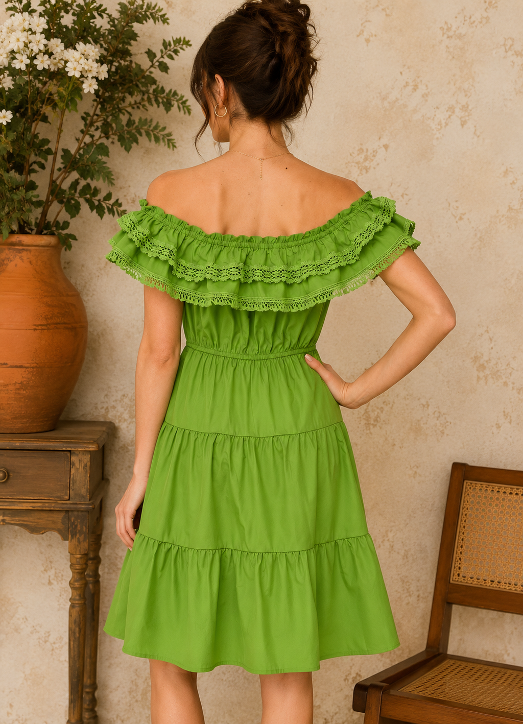 BABYDOLL OFF SHOULDER LACE DETAIL MINI DRESS-AVD51310W