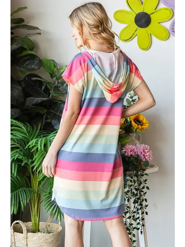 MULTICOLOR STRIPES DOLMAN SLEEVES W/POCKETS HOODIE MINI DRESS HMED6808-11