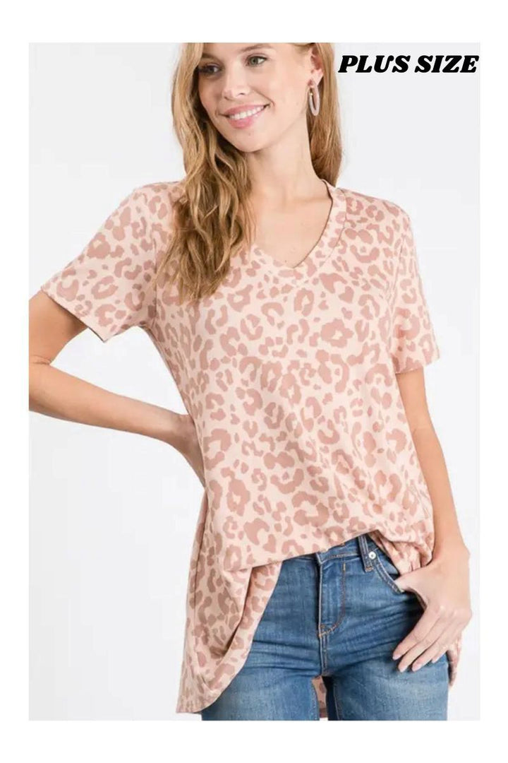 PINK ANIMAL PRINT V-NECK SHORT SLEEVES PLUS SIZE TOP HMST1519-71P