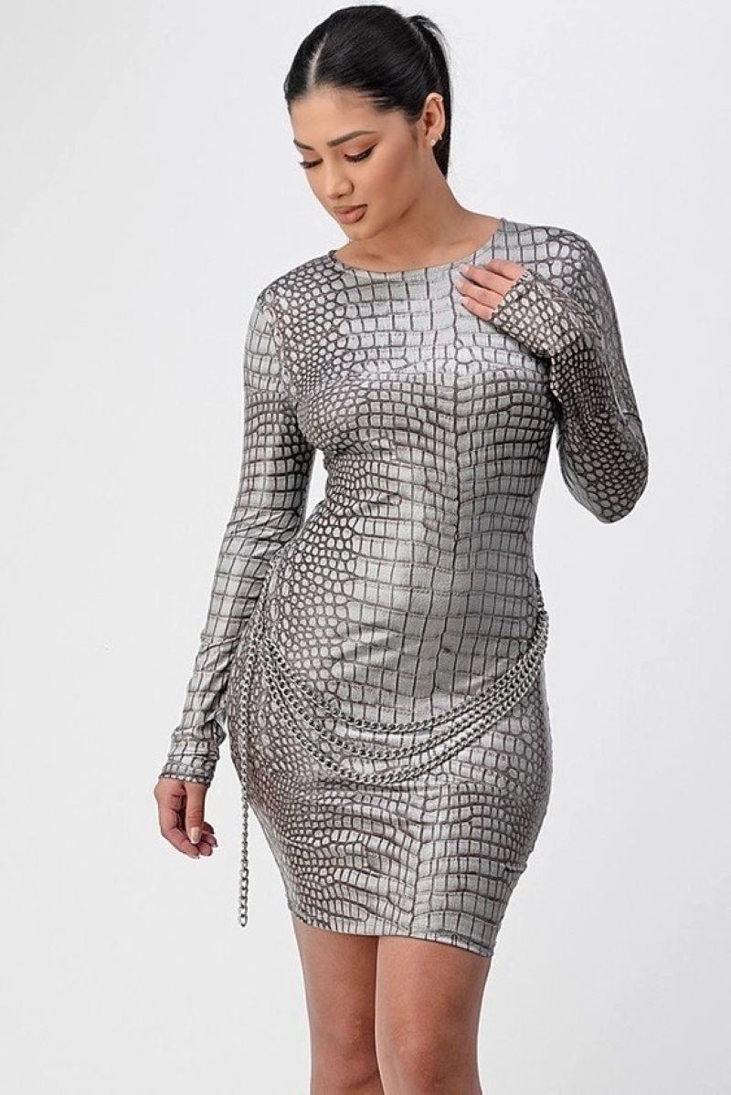 GREY ANIMAL PRINT KEY-HOLE BACK CLOSURE LONG SLEEVES MNI DRESS SHP7463D